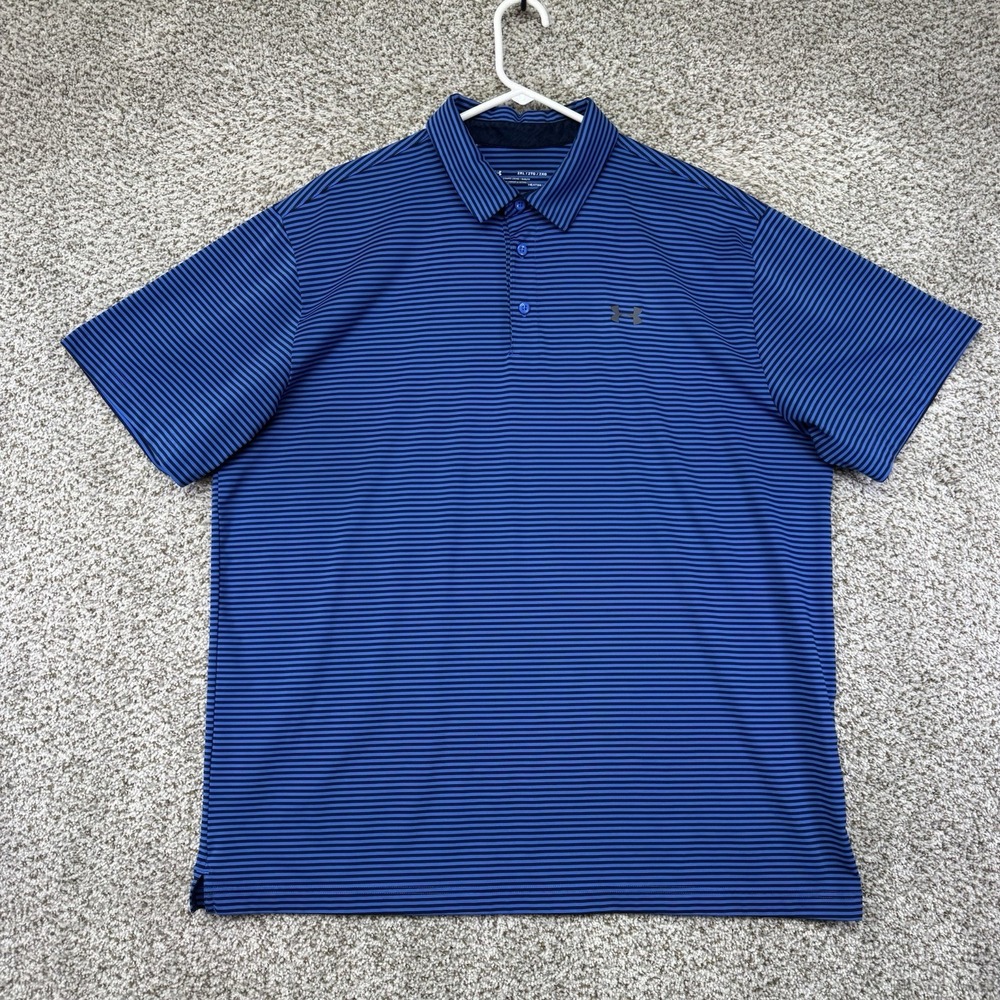 Under Armour Polo Shirt Mens Size 2XL XXL Blue Stripes Performance 4 Way Stretch